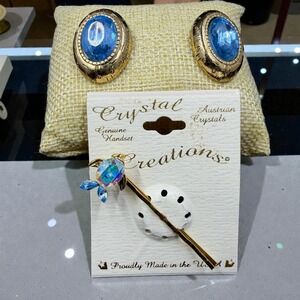 Vintage Sapphire Blue Crystal Earrings Fish Hair Pin Set Royalcore Coquette